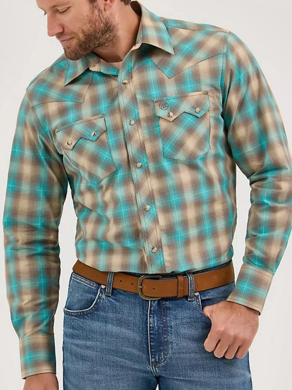 Wrangler Retro Men's Long Sleeve Plaid Snap Western Shirt Tan/Aqua 112369551